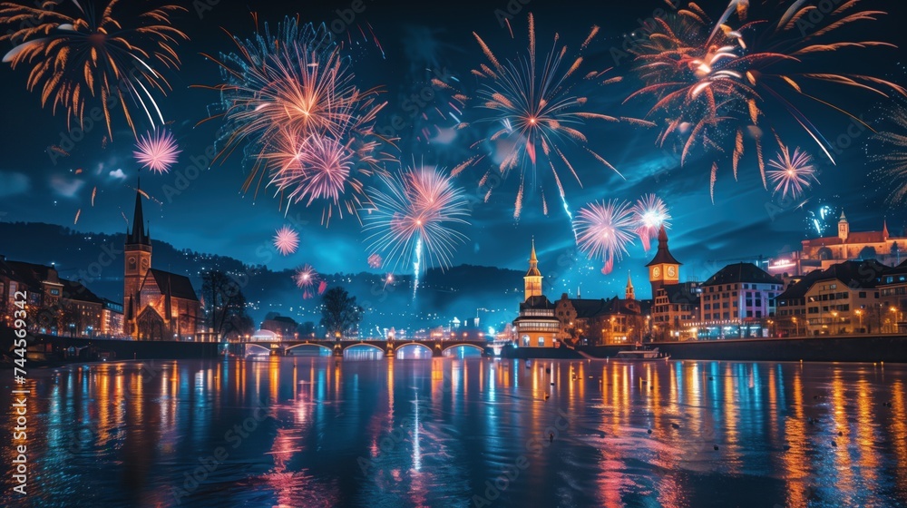 Fireworks Display over River in Historic City Celebrating New Year, Concept of Festivity, Community, and Urban Nightlife - obrazy, fototapety, plakaty 