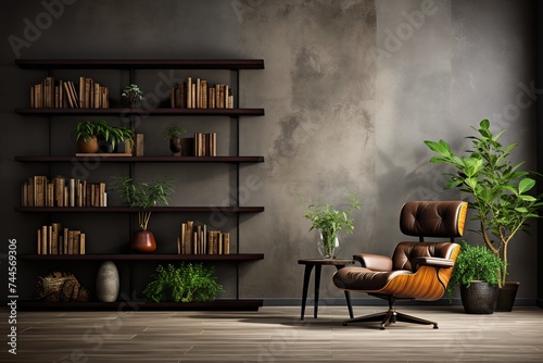 minimalistic design Interior of living room with armchair  shelving unit and artificial plants