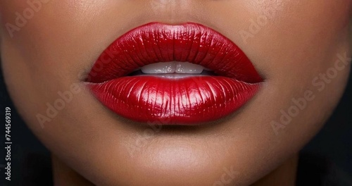 stylish permanent makeup on the lips. red lipstick on the lips of an African American woman photo