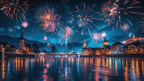 Fireworks Display over River in Historic City Celebrating New Year, Concept of Festivity, Community, and Urban Nightlife