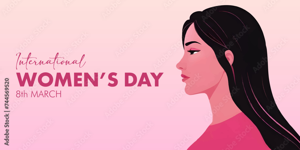 International Women's Day horizontal banner. Vector illustration. Woman of different nationalities. Struggle for freedom, equality and independence concept, 8 March. Female diverse face Women's Day po