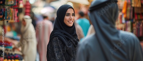 Smiling Saudi woman dressed in abaya shopping at a street market talking to other traders