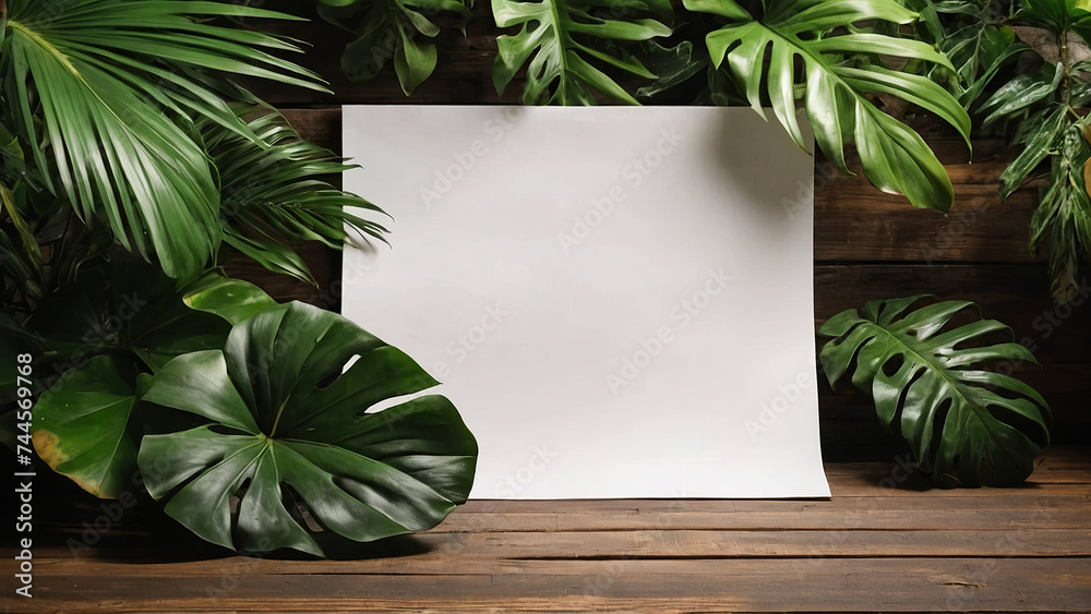 A white sheet of paper on a wooden surface surrounded by tropical leaves. Layout for a postcard. A white sheet of paper on a wooden surface surrounded by tropical leaves. Layout for a postcard.