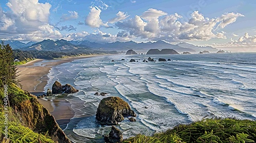 Beaches extend from Ecola State Park to Arch Cape on the Oregon Coast, Crescent Beach and Canon Beach- Cannon Beach, Oregon, United States of America photo
