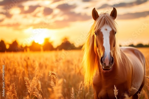Majestic horse in golden wheat field at sunset, professional commercial photography