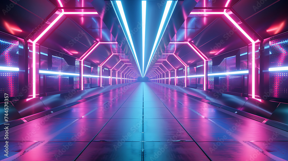 Abstract 3D corridor with neon lights, providing a dynamic and futuristic stage for various design projects