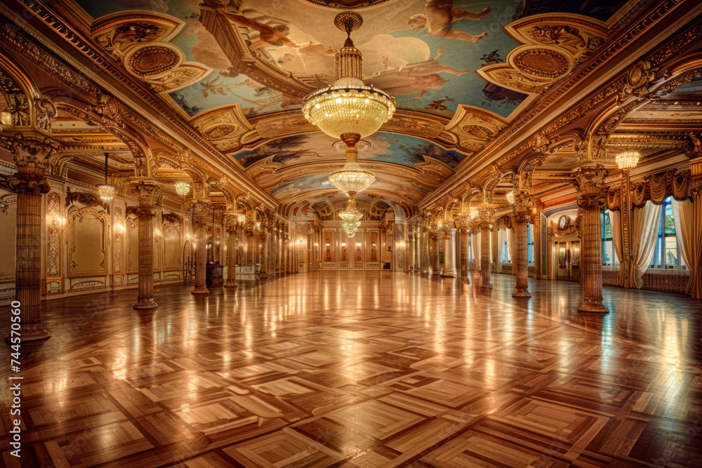 Elegant Renaissance ballroom with intricately painted ceilings, gilded columns.