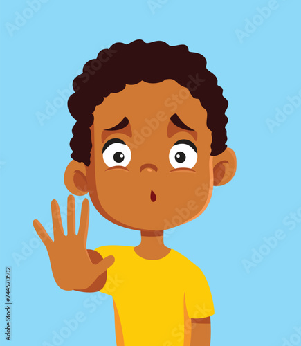 Vector Little Boy of African Ethnicity Making Stop Gesture. Unhappy toddler in need for boundaries and personal space
