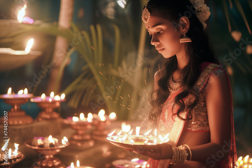 Group of Hindu Indian women lightening deepa at temple, AI Generative photo