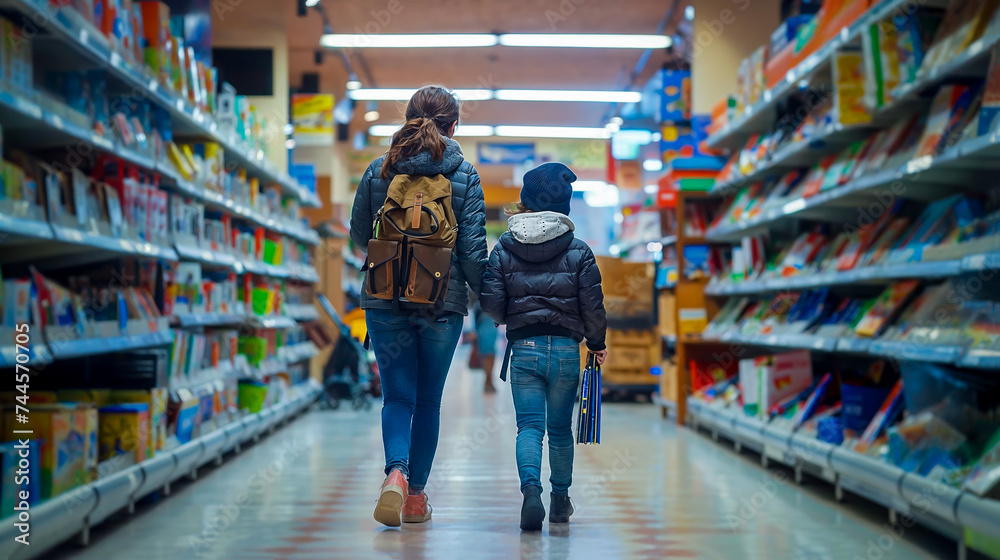 une mère et son enfant dans une allée de supermarché pour acheter des fournitures scolaires - obrazy, fototapety, plakaty 