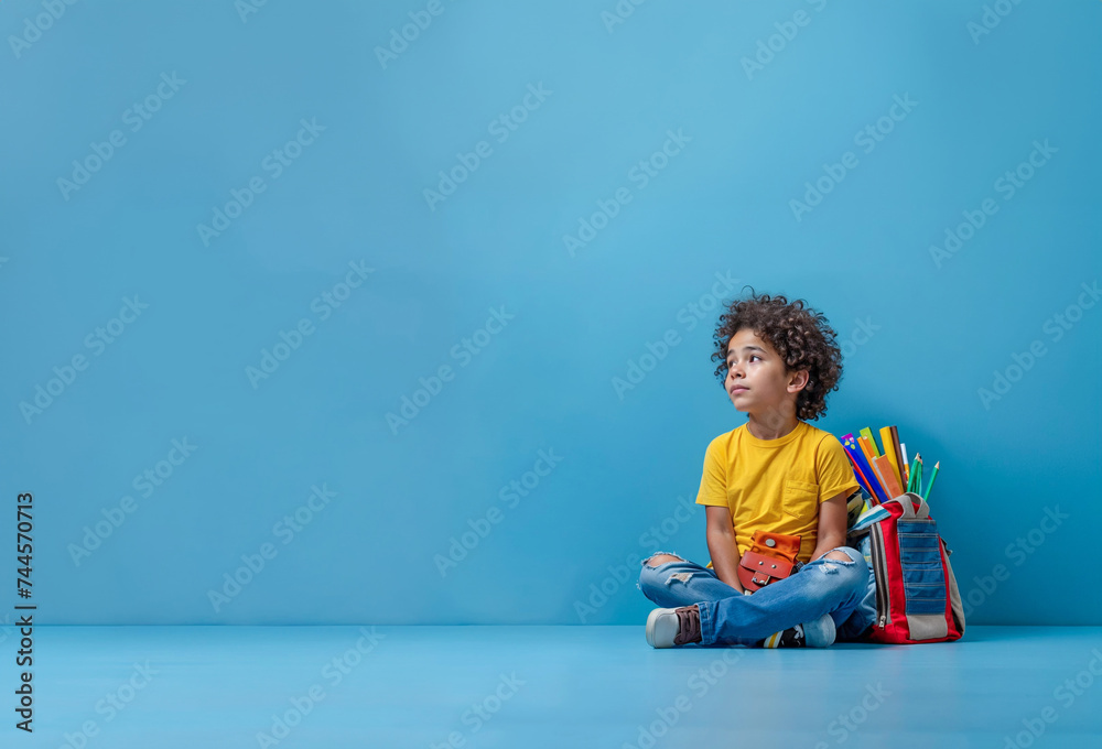 petit garçon assis par terre sur un fond bleu avec un cartable et des fournitures scolaires à côté de lui pour la rentrée des classes - obrazy, fototapety, plakaty 
