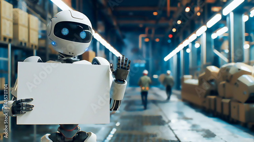 un robot avec une pancarte blanche vierge fait un signe d'au revoir avec sa main à des employés humains qui partent photo