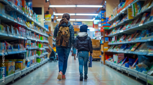 une mère et son enfant dans une allée de supermarché pour acheter des fournitures scolaires photo