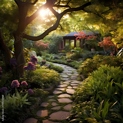 A tranquil garden with a stone pathway