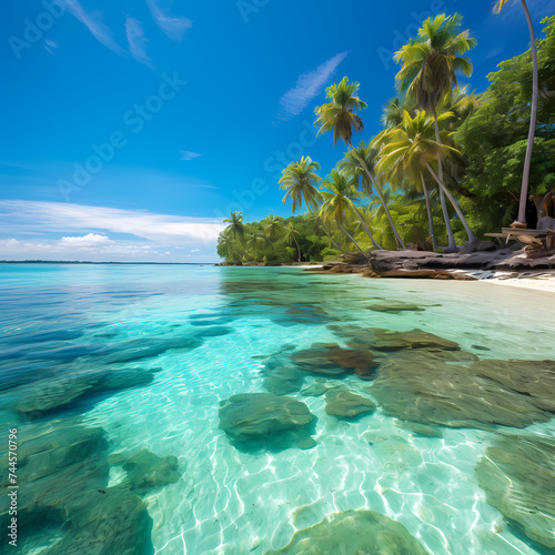 A tropical beach with palm trees and clear water. 