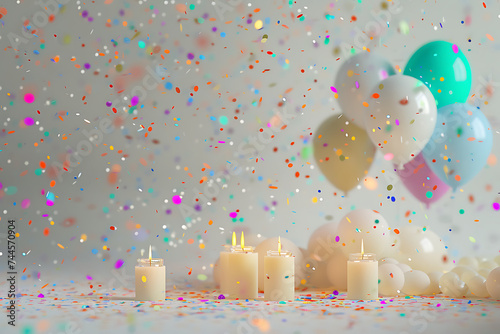 white background with balloons candles and rainbow co