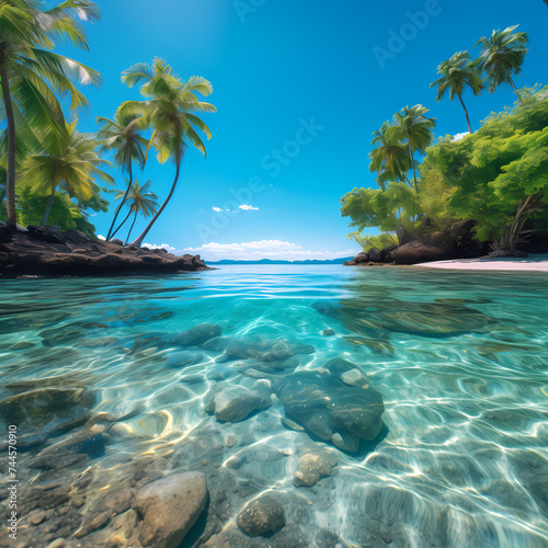 A tropical beach with palm trees and clear water. 