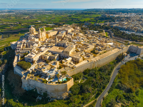 Drone aerial view of Mdina city - old capital of Malta island