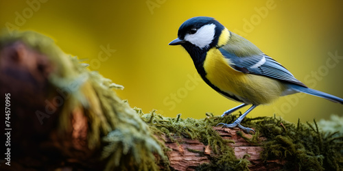 Blue tit search feed on the forest floor,Great Tit on a branch, A great tit bird perched on a tree, beakbill, Generative AI