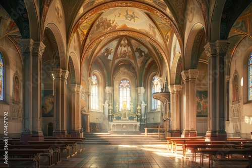 Exquisite Renaissance chapel interior with soaring vaulted ceilings, intricate frescoes.