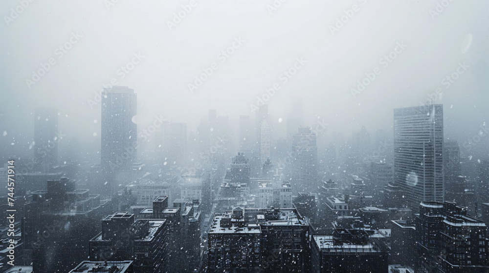 A blizzard engulfing a city reducing visibility to near zero. - obrazy, fototapety, plakaty 