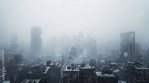 A blizzard engulfing a city reducing visibility to near zero.