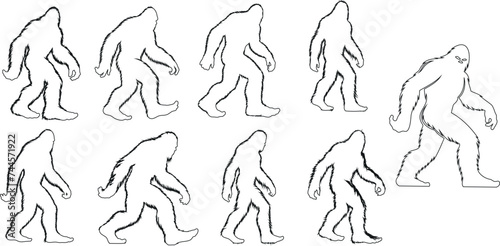 Bigfoot line art, mythical creature illustration, perfect for cryptology, mystery themes, and wilderness exploration. Captures the enigmatic Bigfoot in motion, ideal for engaging content