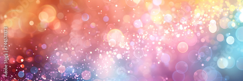 Abstract banner background with rainbow-colored bokeh lights in pastel hues, creating a dreamy and enchanting atmosphere. 