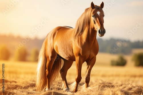 Majestic horse in golden wheat field at sunset, perfect for commercial photography © Ksenia Belyaeva