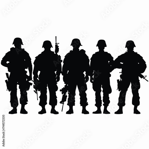Seven military soldiers silhouettes isolated on white