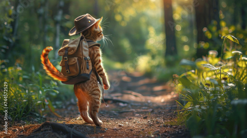 Adventurous Tabby Cat with Hat and Backpack on a Sunlit Forest Trail © romanets_v
