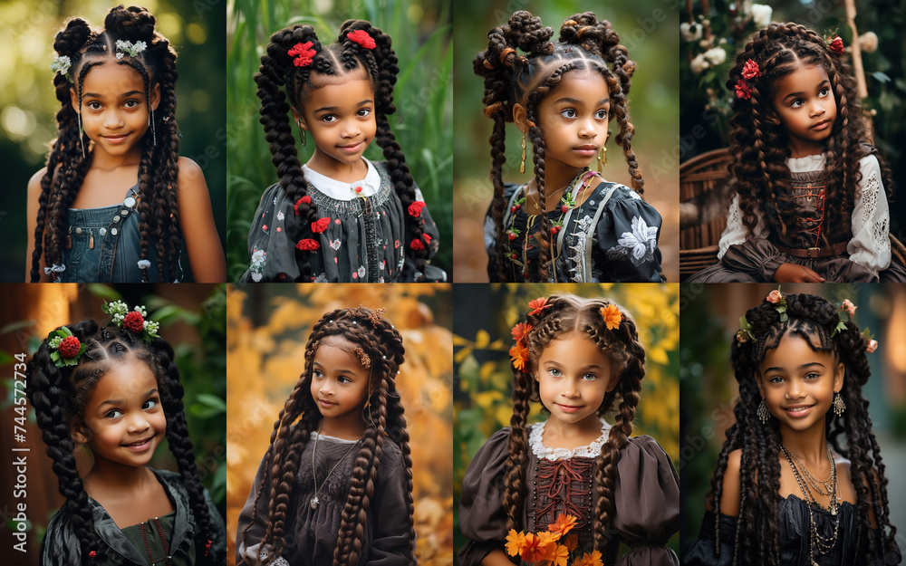 cute African American girl portrait wearing long hair braid, happy and optimistic atmosphere, Generative Ai