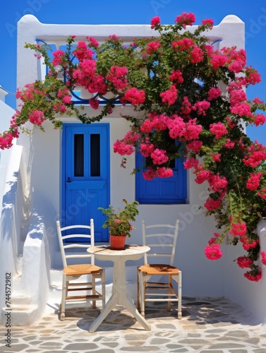 White House With Blue Doors and Pink Flowers. Printable Wall Art.