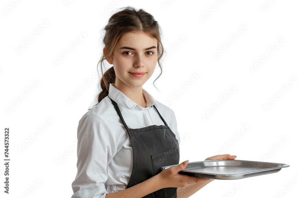 Beautiful woman waitress in apron holding tray on white background Beautiful woman waitress in apron holding tray on white background