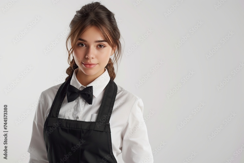 Beautiful woman waitress in apron on white background Beautiful woman waitress in apron on white background