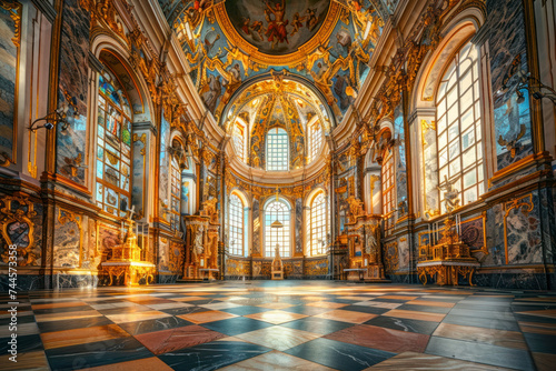 Exquisite Renaissance chapel interior with soaring vaulted ceilings, intricate frescoes. photo