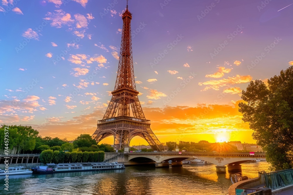 The eiffel tower gleams in sunlight by the river, world heritage day poster