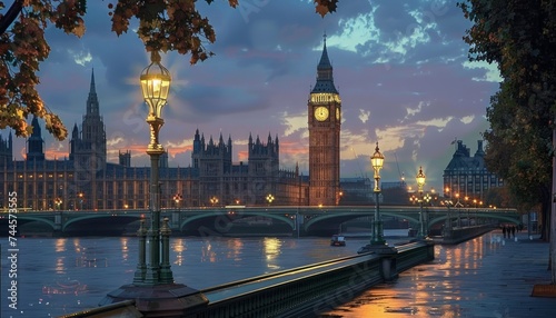 Evening view of big ben and westminster bridge with glowing lights reflecting in the river, world heritage day celebration