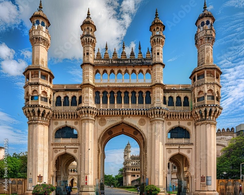The city gate of hyderabad shines brightly on a sunny day, world heritage day celebration photo