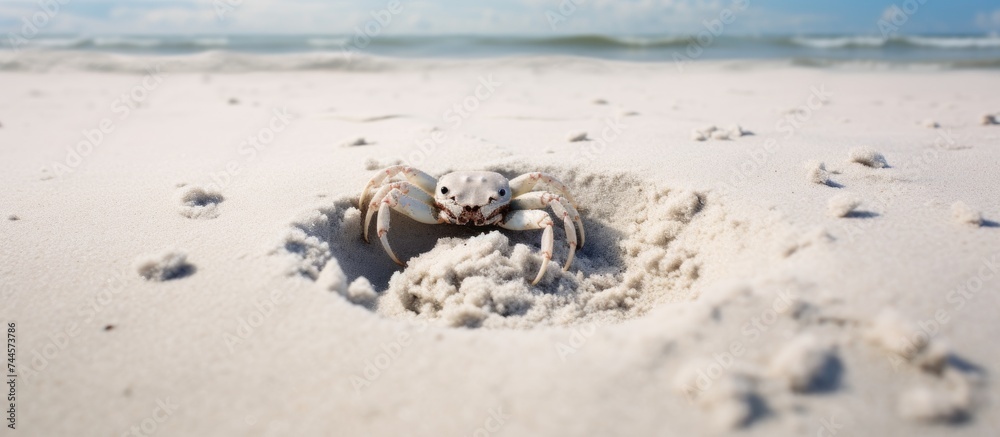 Fluffy crab hole and tracks visible on sandy beach, with copy space for wallpaper. Fluffy crab hole and tracks visible on sandy beach, with copy space for wallpaper.