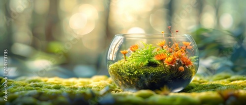 A glass stomach, a vessel of sustenance, containing a flourishing ecosystem of carnivorous plants and fungi, mirroring digestion and renewal. eco concept photo