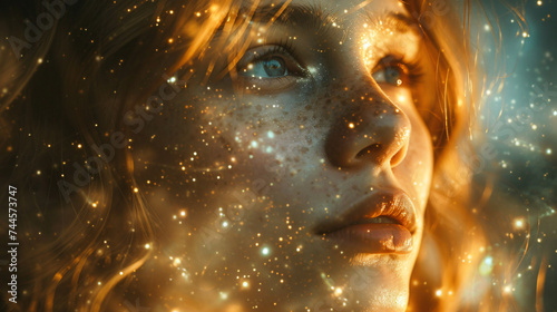 Cosmic Portrait Photography  Cosmic portrait photography against a mesmerizing galaxy background  transporting the viewer to a realm of celestial beauty and wonder.