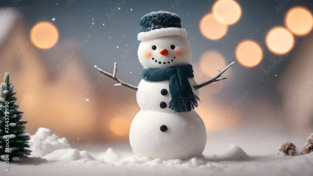 snowman on the snow with festival lights , copyspace wallpaper 