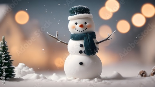 snowman on the snow with festival lights , copyspace wallpaper 