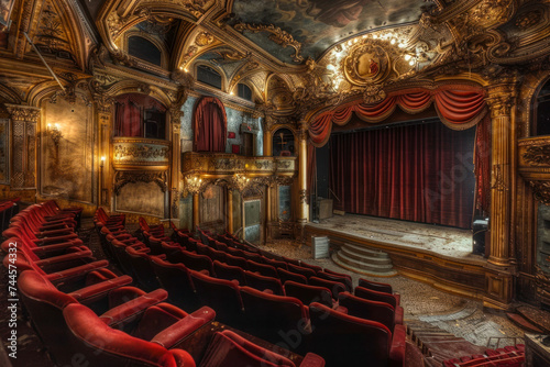 Grand Renaissance theater with ornate box seats, plush velvet curtains, and a stage.