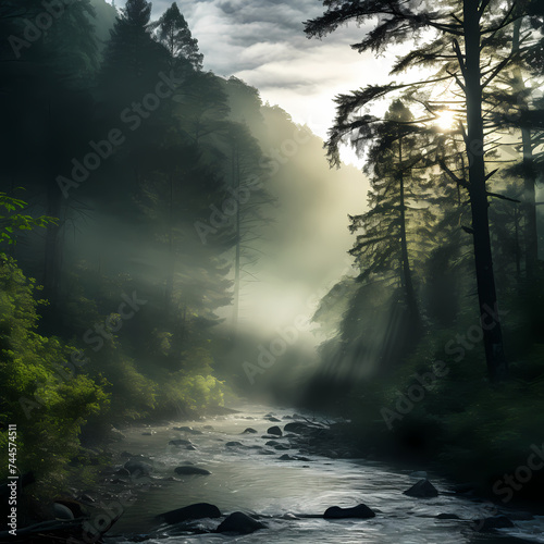 Mystical fog rolling through a dense forest