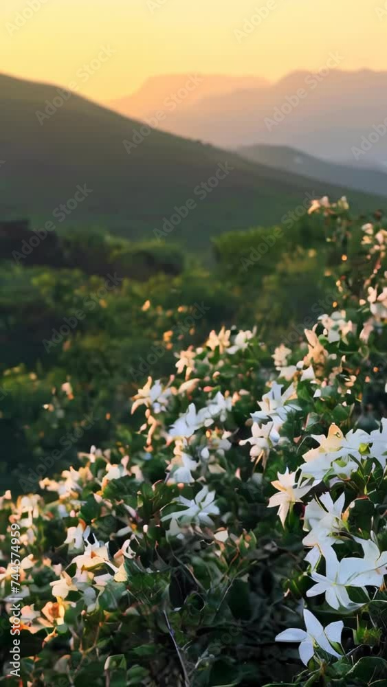 A landscape of white flowers illuminated by the setting sun, with mountains in the distance. The beauty of a serene dusk is highlighted.
A landscape of white flowers illuminated by the setting sun, with mountains in the distance. The beauty of a serene dusk is highlighted.
