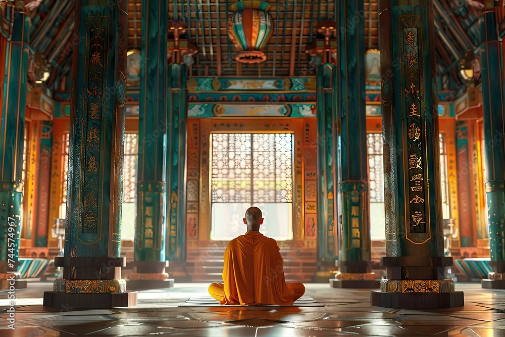 A Meditating Buddhist Monk in a Large Hall Inside the Temple, the Serene and Concentrated Meditation Energy A Meditating Buddhist Monk in a Large Hall Inside the Temple, the Serene and Concentrated Meditation Energy