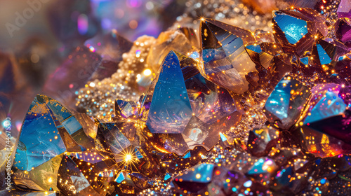 Macro close-up of the radiant crystals  each facet sparkling with a different hue  from deep blues to vibrant reds