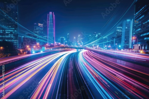 Speed Light Texture Background, Light Trails Pattern, Night City Wallpaper, Neon Futuristic Banner © artemstepanov